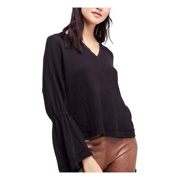 Free People x We The Free Blue Waffle Knit Bell Sleeve Relaxed Fit Top - Picture 16 of 16